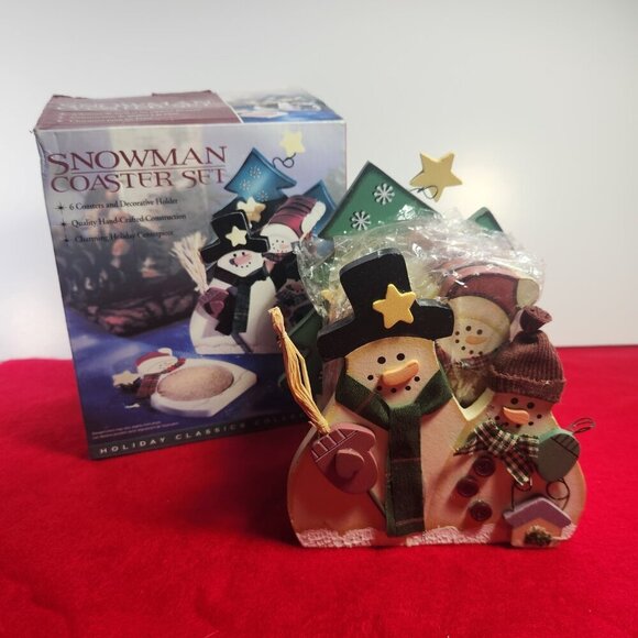 Snowman Coasters Set of 6 with Decorative Holder in Original Box Holiday Classic - Picture 2 of 12